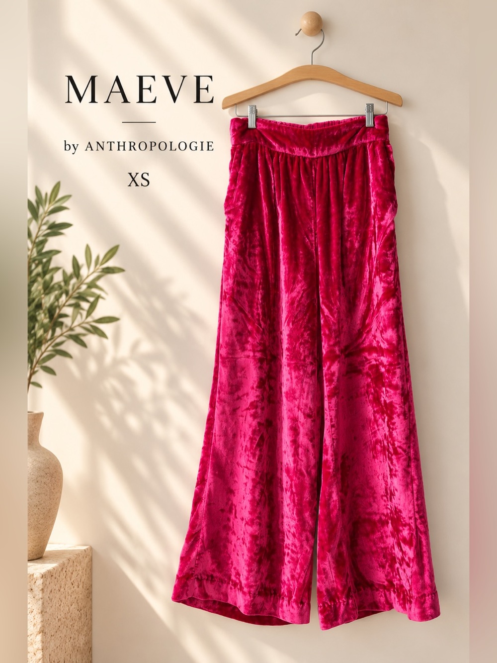 Maeve by Anthropologie Pink Crushed Velvet Wide Leg Pants XS